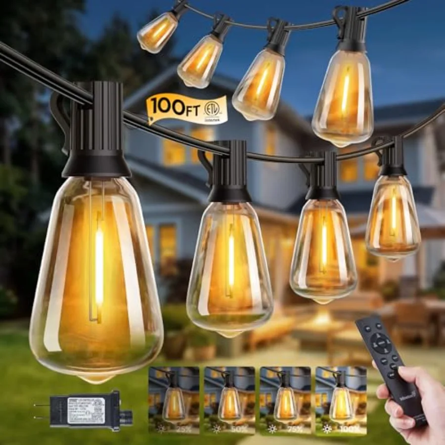 100Feet Outdoor-String-Lights with Remote, 31+2 Shatterproof ST38 LED Bulbs, Waterproof Patio Lights with 3 Modes, Dimmable and
100Feet Outdoor-String-Lights with Remote, 31+2 Shatterproof ST38 LED Bulbs, Waterproof Patio Lights with 3 Modes, Dimmable and