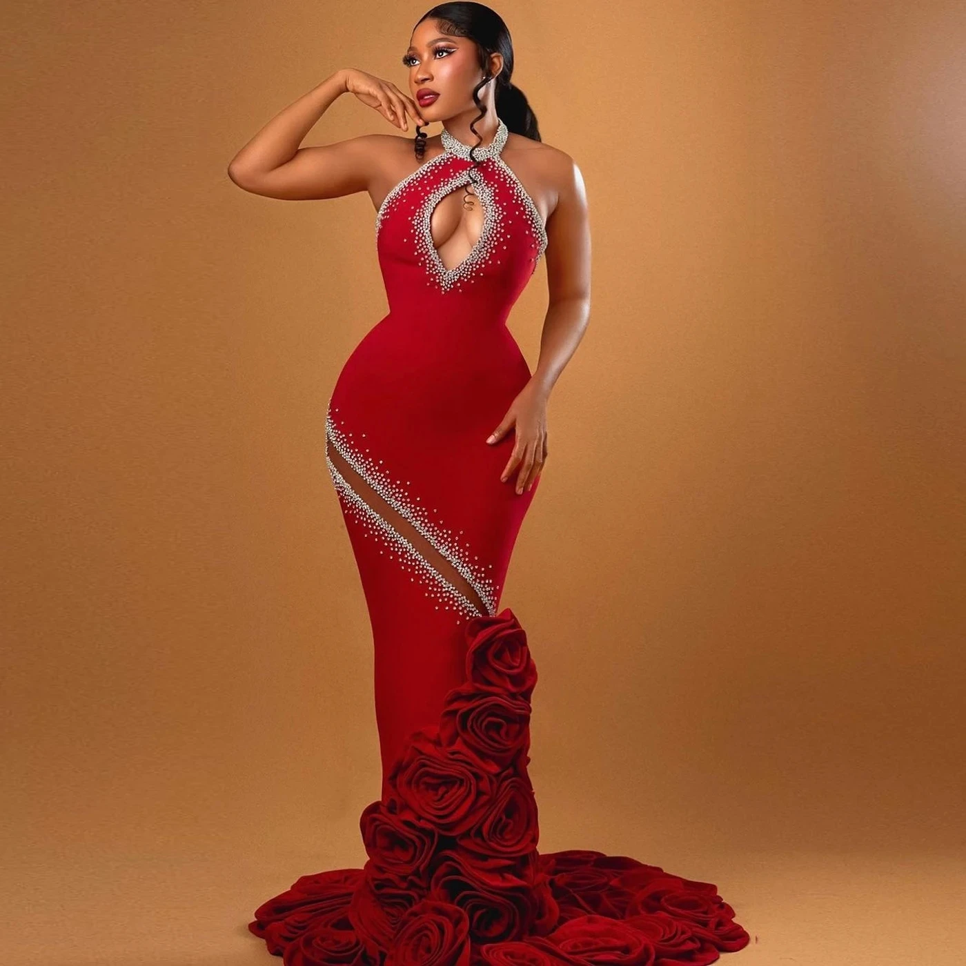 Aso Ebi Chic Evening Dress African Classic Red Wedding Reception Dress 3D Rose Flower Cut-out Beaded Halter Formal Party Dresse
Aso Ebi Chic Evening Dress African Classic Red Wedding Reception Dress 3D Rose Flower Cut-out Beaded Halter Formal Party Dresse