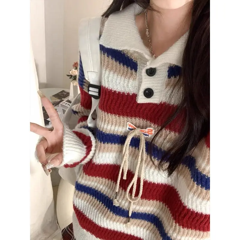 Women's Retro Striped Polo Collar Knitted Sweater Autumn New Casual Top Female Patchwork Design Long Sleeved Knitted Pullover
Women's Retro Striped Polo Collar Knitted Sweater Autumn New Casual Top Female Patchwork Design Long Sleeved Knitted Pullover