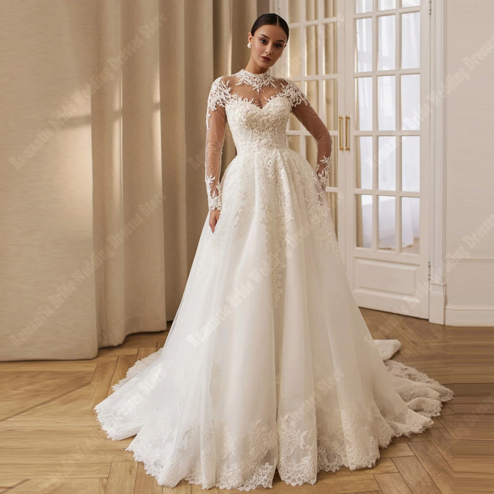 High Collar A-Line Women Wedding Dresses Customized Elegant Lace Flower Print Tulle Bridal Gowns Banquet Vestidos De Novias 2025 
High Collar A-Line Women Wedding Dresses Customized Elegant Lace Flower Print Tulle Bridal Gowns Banquet Vestidos De Novias 2025