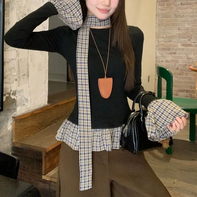 Korean Plaid Patchwork Slim Pullovers Spring Autumn Long Sleeve Women's Clothing Fashionable Ribbon Hotsweet Vintage T-shirts
Korean Plaid Patchwork Slim Pullovers Spring Autumn Long Sleeve Women's Clothing Fashionable Ribbon Hotsweet Vintage T-shirts
