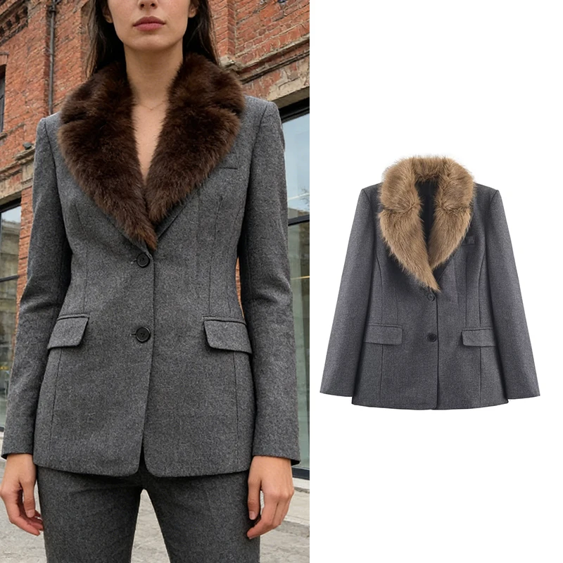 Женский серый пиджак с воротником из искусственного меха, однобортное официальное офисное пальто с длинными рукавами, теплое и подходит для поездок на работу.
Женский серый пиджак с воротником из искусственного меха, однобортное официальное офисное пальто с длинными рукавами, теплое и подходит для поездок на работу.