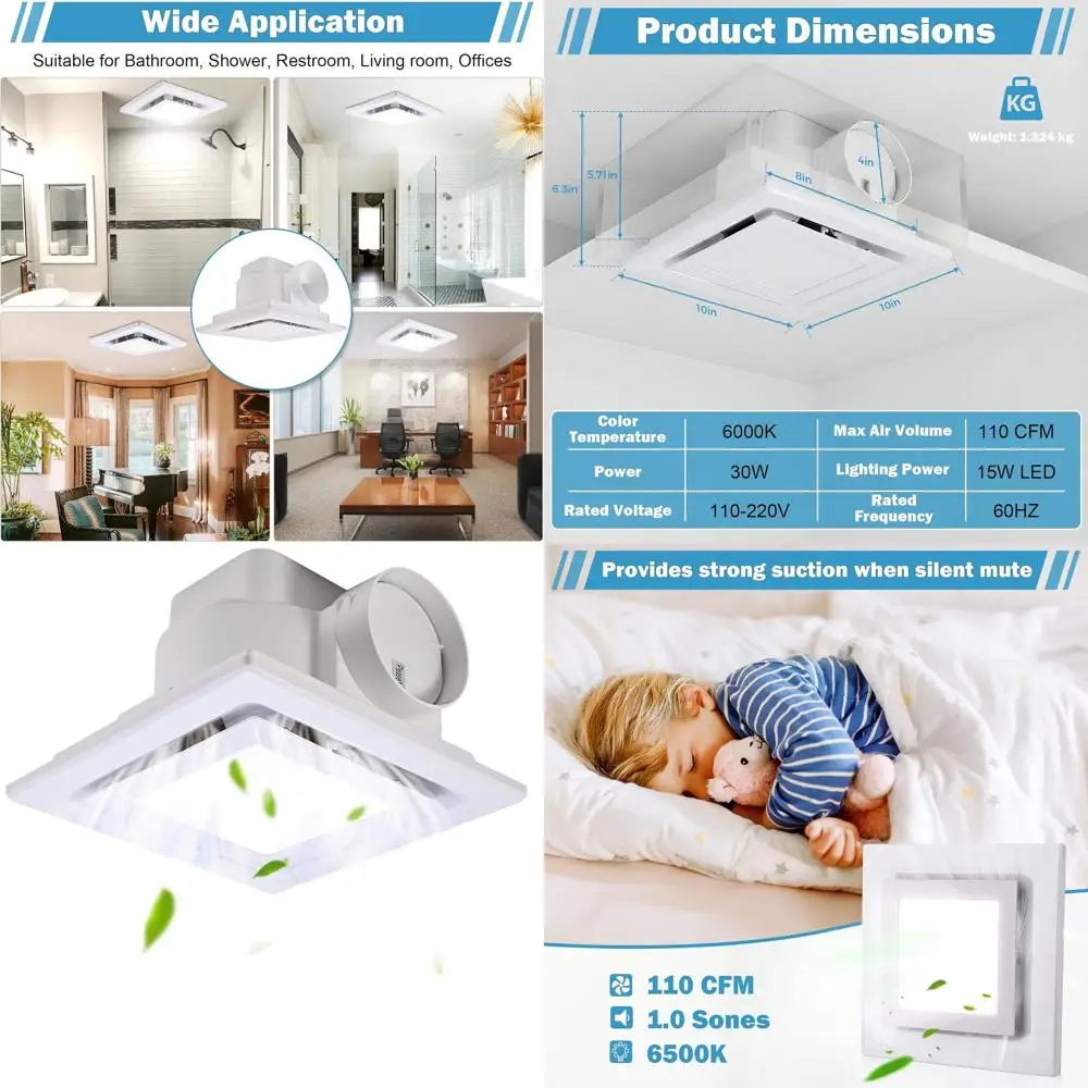 Ceiling Mounted 110 CFM 1.0 Sones 4 Duct Quiet Square Bathroom Exhaust Fan with Light Combo
Ceiling Mounted 110 CFM 1.0 Sones 4 Duct Quiet Square Bathroom Exhaust Fan with Light Combo