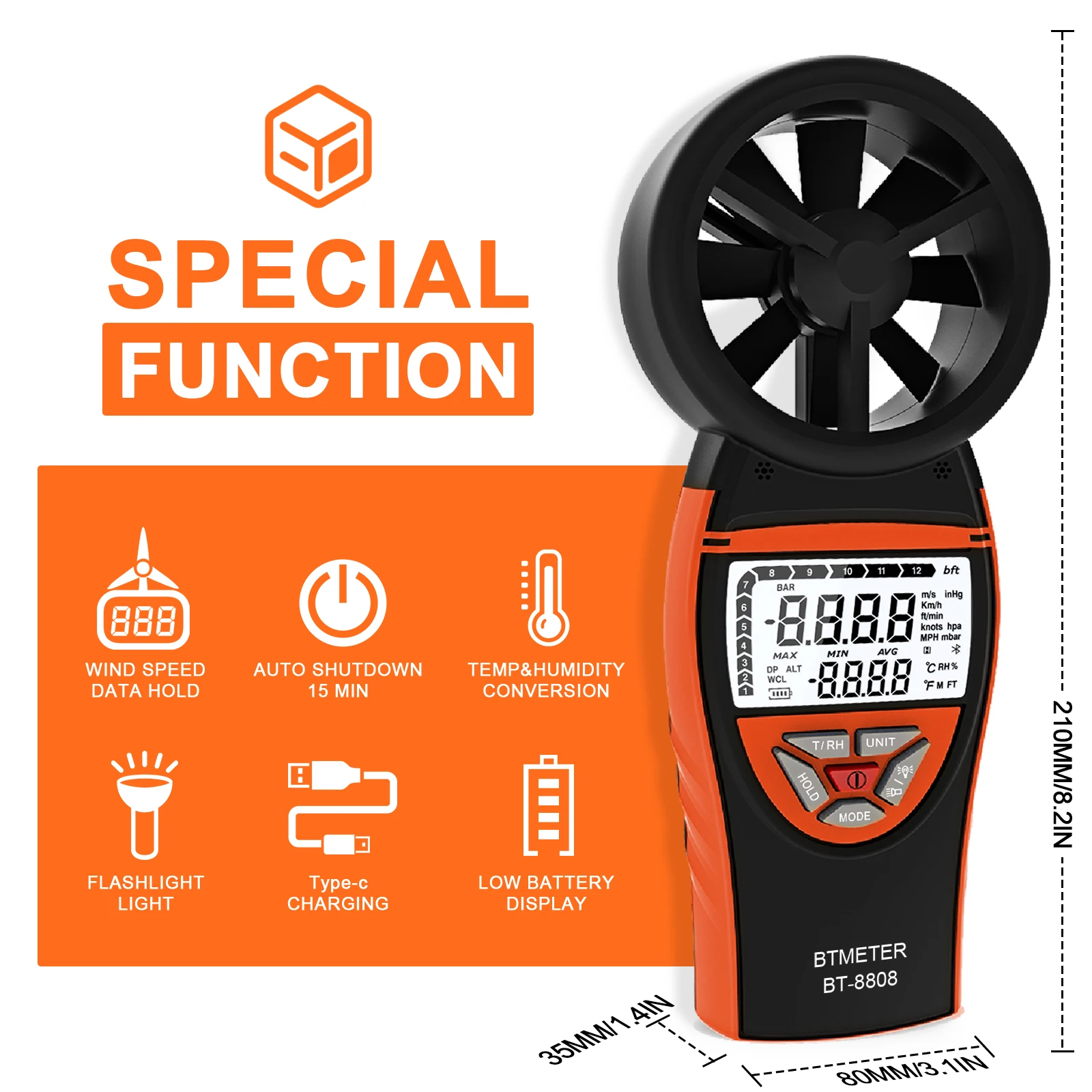 8808 Digital Anemometer Wind Speed Meter Air Flow Tester with Temperature Humidity Measurement Rechargeable Battery
8808 Digital Anemometer Wind Speed Meter Air Flow Tester with Temperature Humidity Measurement Rechargeable Battery