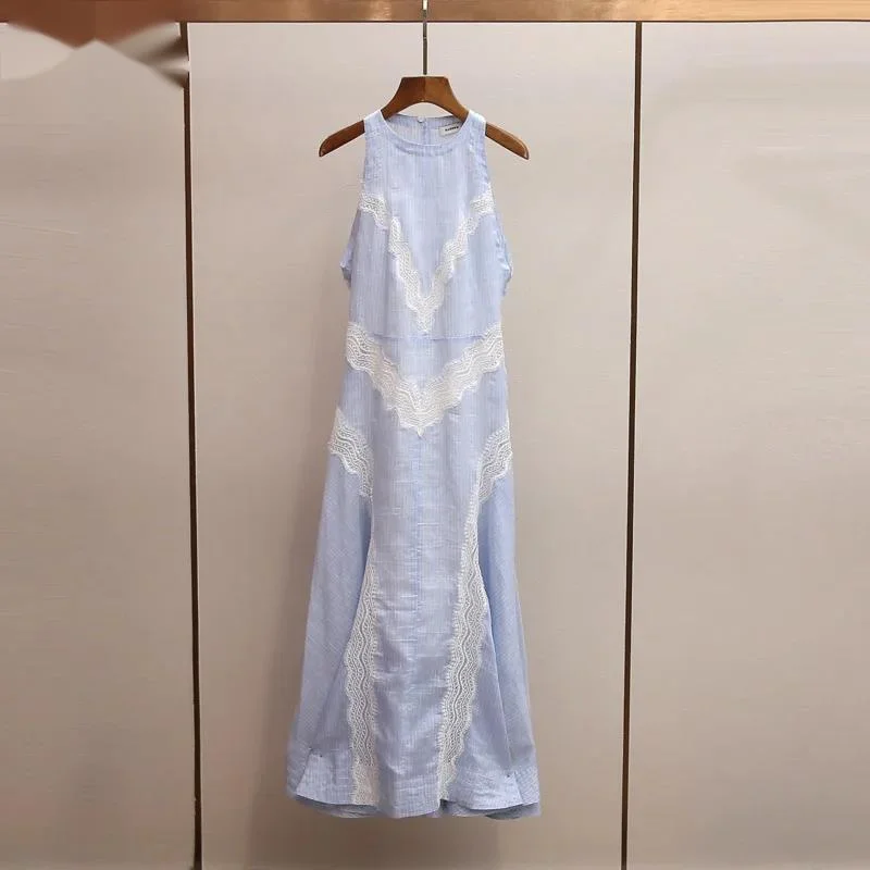 Summer O-neck Sleeveless Lace Patchwork Dress Women High Waist Stripes Blue Vest Dress 3AA9C8
Summer O-neck Sleeveless Lace Patchwork Dress Women High Waist Stripes Blue Vest Dress 3AA9C8