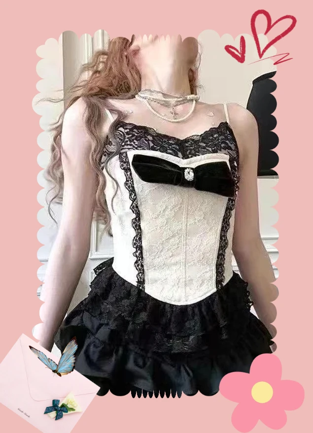 Sweet Spice Girl Bow Lace Suspender Slimming Crop Top Summer Versatile Pure Desire High Waist Black Short Skirt Set Outfits
Sweet Spice Girl Bow Lace Suspender Slimming Crop Top Summer Versatile Pure Desire High Waist Black Short Skirt Set Outfits
