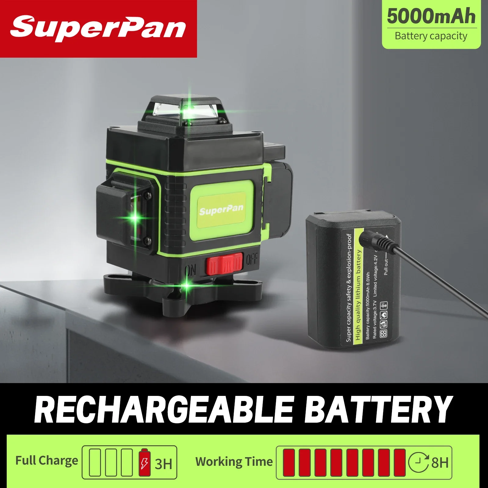 SuperPan high-precision laser level with 12/16 horizontal and vertical lines, equipped with remote control and battery 
SuperPan high-precision laser level with 12/16 horizontal and vertical lines, equipped with remote control and battery