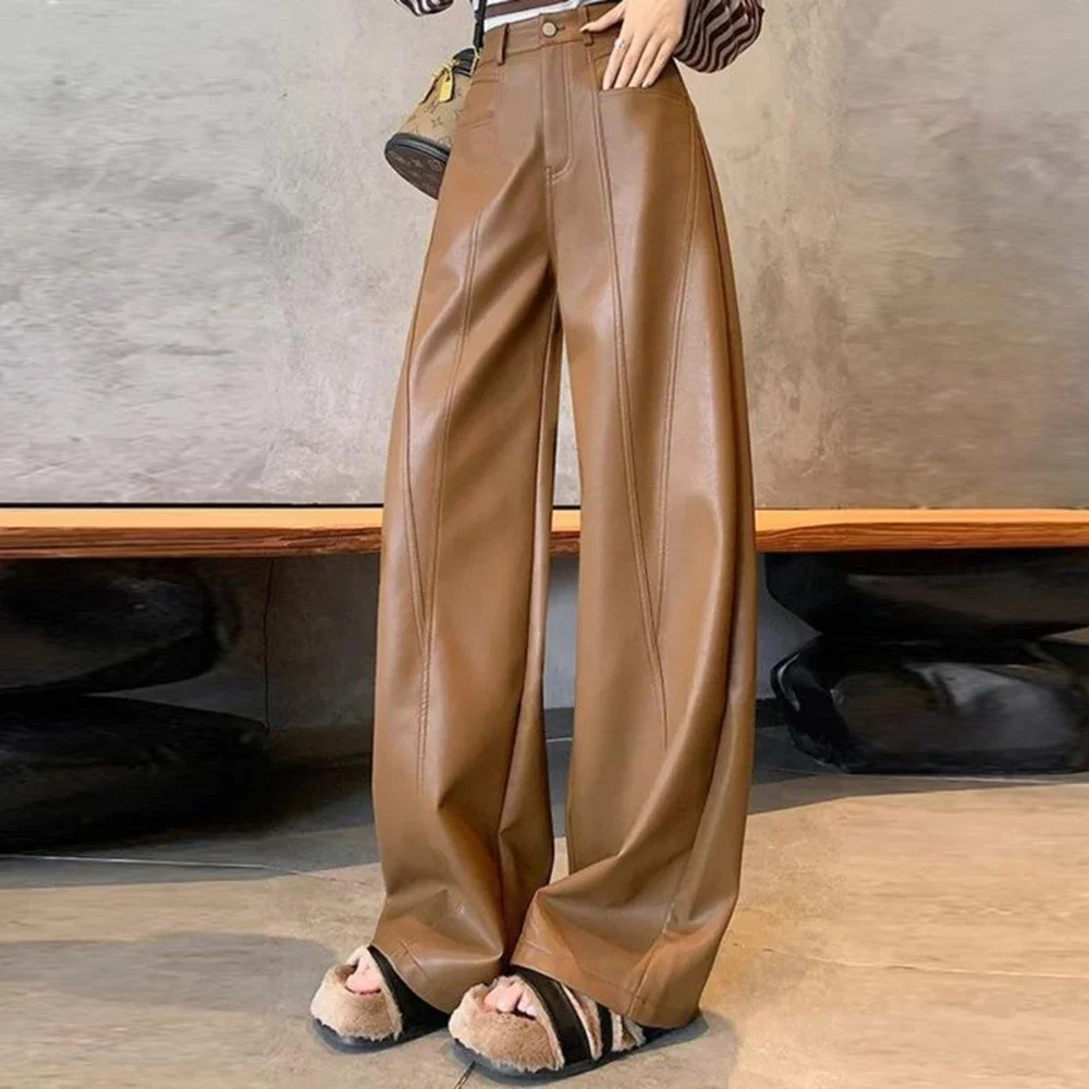 Coffee high waisted matte PU leather wide leg pants for women, loose and slimming straight leg retro casual hanging pants
Coffee high waisted matte PU leather wide leg pants for women, loose and slimming straight leg retro casual hanging pants