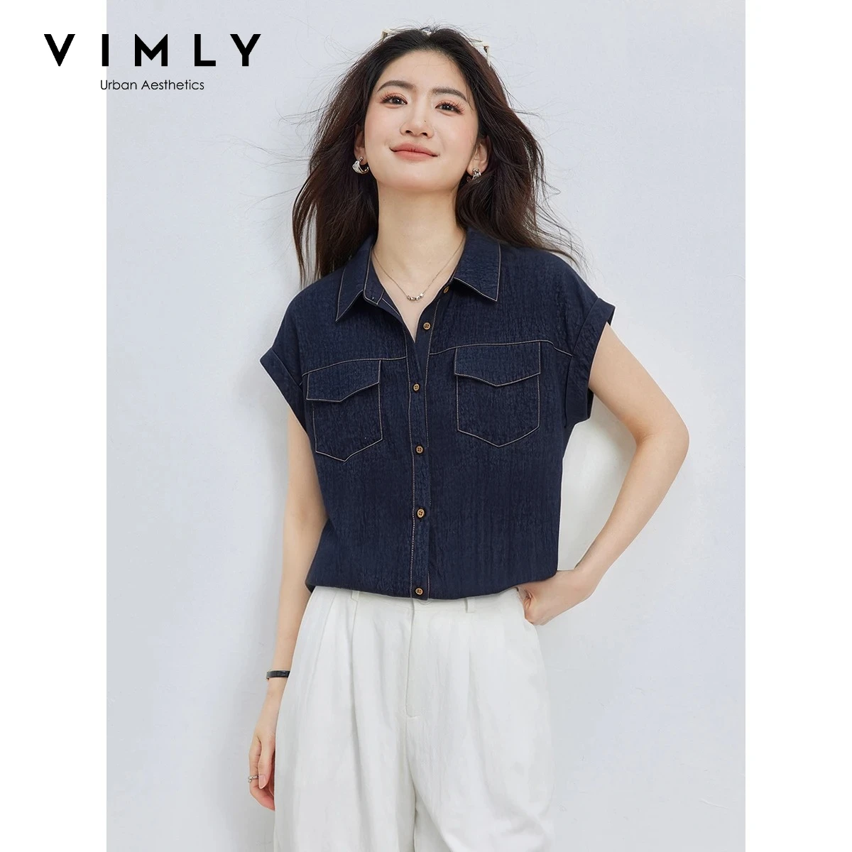 VIMLY Vintage Lapel Collar Dark Denim Blue Shirt Women Contrast Stitch Textured Sleeveless Summer Loose Straight Blouse A6530
VIMLY Vintage Lapel Collar Dark Denim Blue Shirt Women Contrast Stitch Textured Sleeveless Summer Loose Straight Blouse A6530