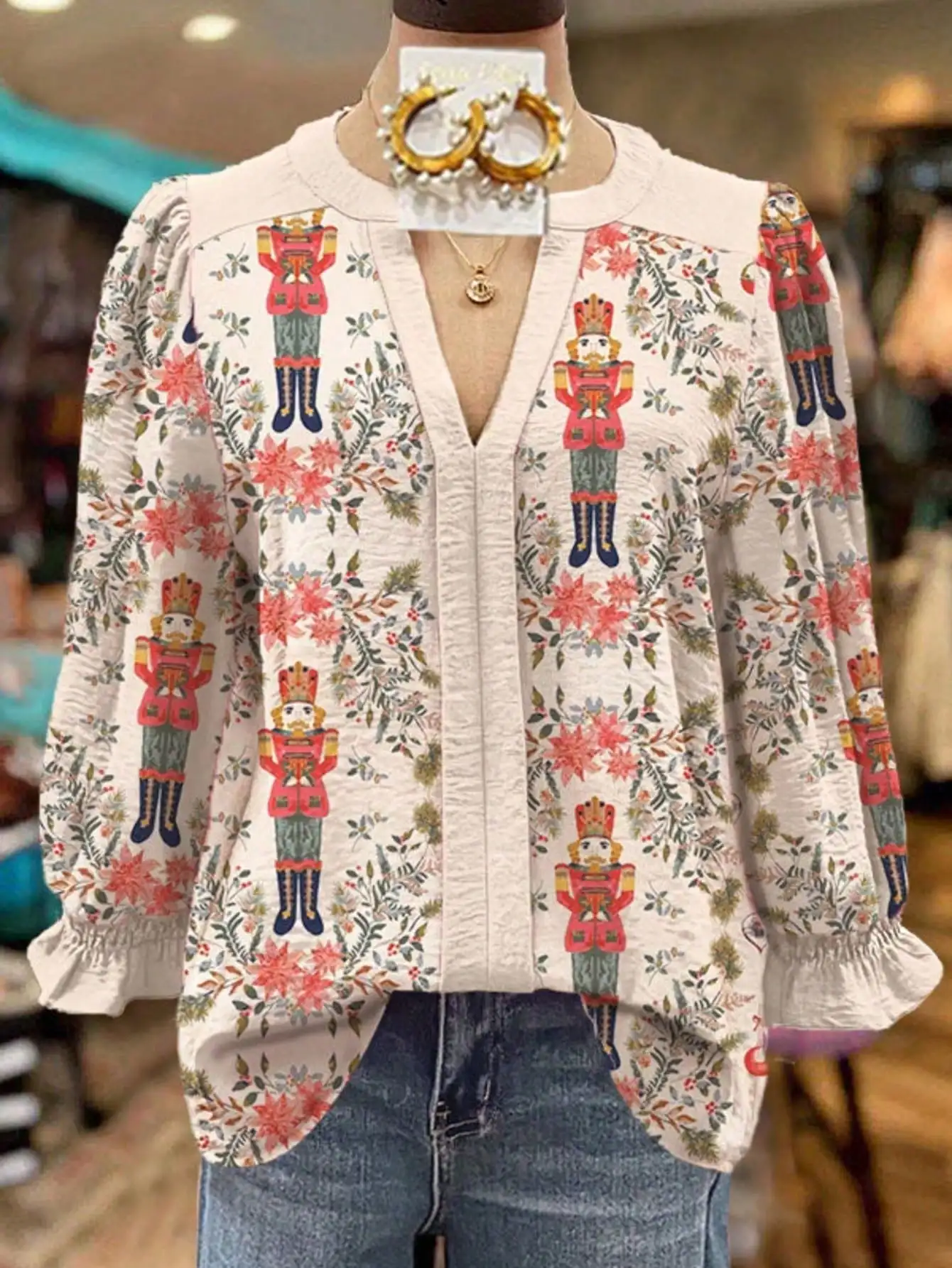 Nutcracker Print V-Neck Long Sleeve Blouse with Floral Accents, Festive Holiday Top for Christmas Parties & Winter Outfits
Nutcracker Print V-Neck Long Sleeve Blouse with Floral Accents, Festive Holiday Top for Christmas Parties & Winter Outfits