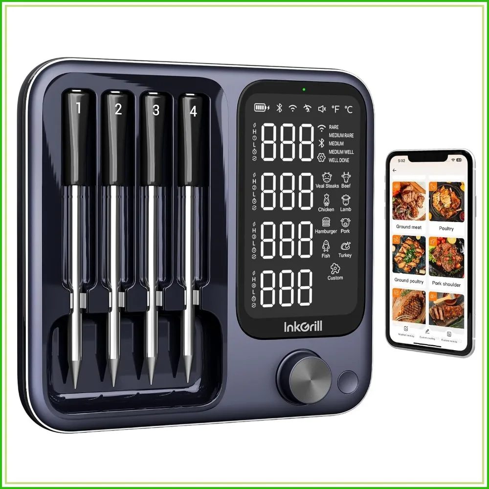 4-Probe WiFi & Bluetooth Meat Thermometer with App Control, Unlimited Range for BBQ, Grill, Oven, Smoker
4-Probe WiFi & Bluetooth Meat Thermometer with App Control, Unlimited Range for BBQ, Grill, Oven, Smoker