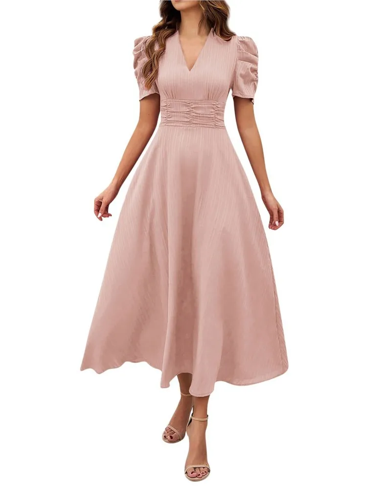High-waisted Solid Color Waisted Short-sleeved Dress 2026 Women's Fashionable And Elegant V-neck Princess Sleeve Long Dress
High-waisted Solid Color Waisted Short-sleeved Dress 2026 Women's Fashionable And Elegant V-neck Princess Sleeve Long Dress