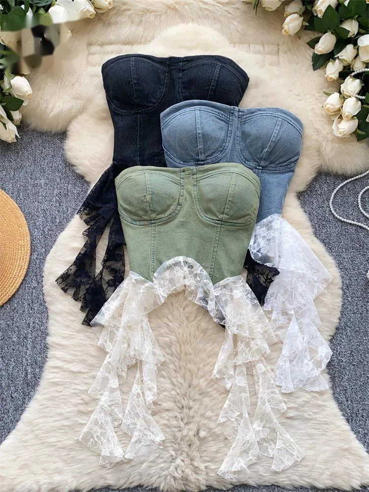 Lace Splice Denim Tops Female Strapless Sleeveless Elastic Slim Fit Camsiole Summer Streetwear Irregular Tank Tops
Lace Splice Denim Tops Female Strapless Sleeveless Elastic Slim Fit Camsiole Summer Streetwear Irregular Tank Tops