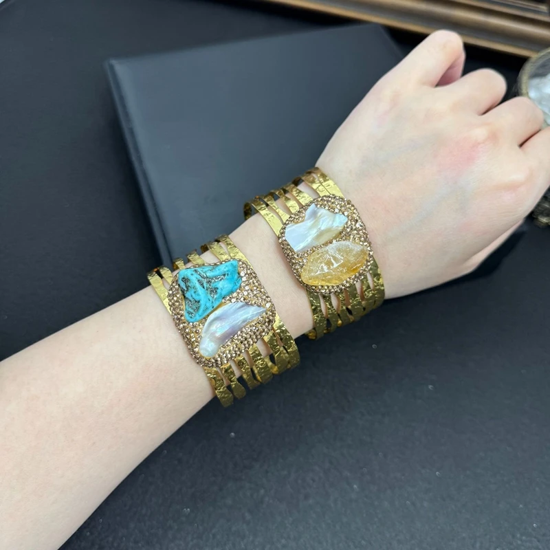 Natural Freshwater Pearl Citrine Turquoise Crystal Bangle for Women Handmade Irregular Quartz Gemstone Cuff Bracelet Jewelry
Natural Freshwater Pearl Citrine Turquoise Crystal Bangle for Women Handmade Irregular Quartz Gemstone Cuff Bracelet Jewelry