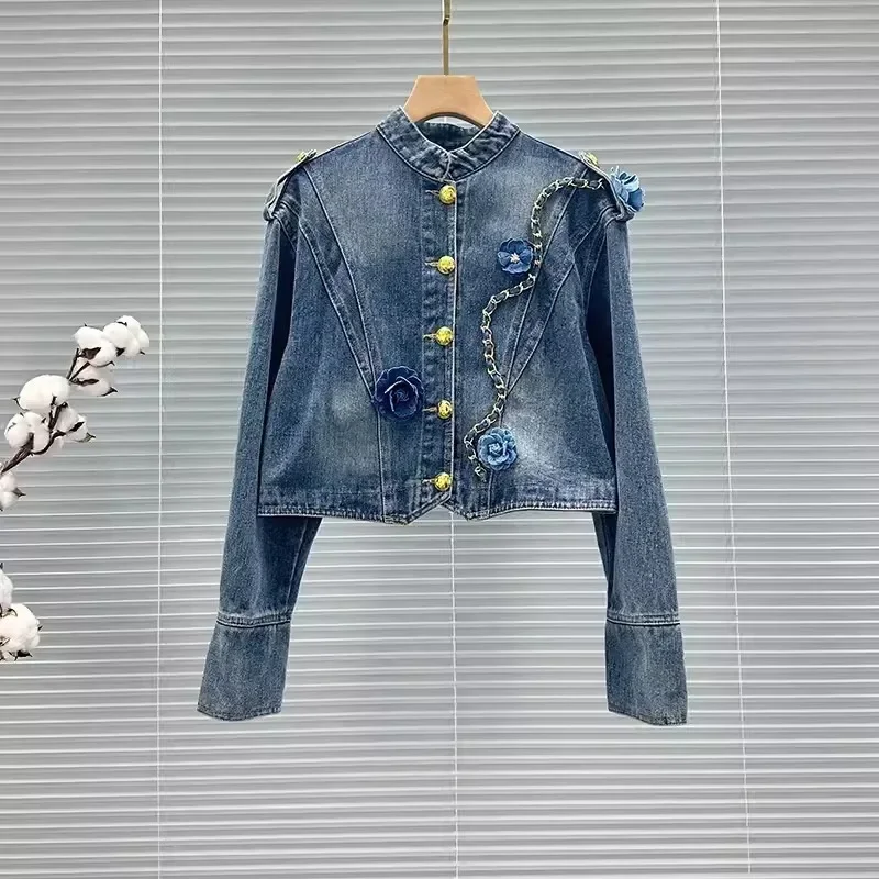 Vintage Chain Flower Decoration Women Slim Blue Short Denim Jacket Stand Collar Long Sleeve Single-breasted Jeans Jacket Coat
Vintage Chain Flower Decoration Women Slim Blue Short Denim Jacket Stand Collar Long Sleeve Single-breasted Jeans Jacket Coat