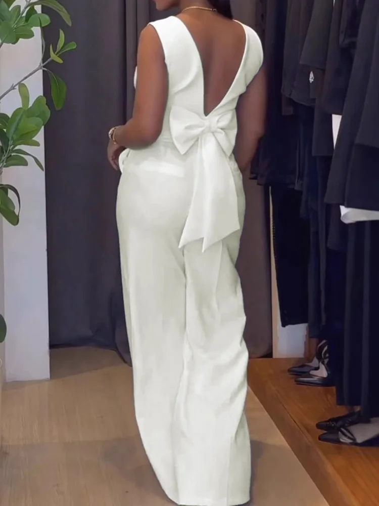 High Waist Wide Leg Pants Solid Outfit, Women Summer Sleeveless V Neck Fashion Sets, 2025 Bow Patchwork Simple Chic Ladies Suits
High Waist Wide Leg Pants Solid Outfit, Women Summer Sleeveless V Neck Fashion Sets, 2025 Bow Patchwork Simple Chic Ladies Suits