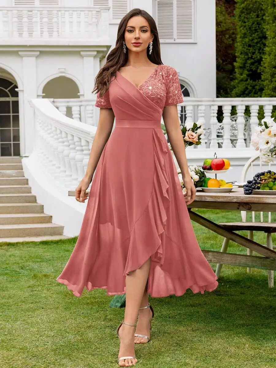 V-Neck Sequin Lace Chiffon Ruffle Hem Elegant Swing Dress For Wedding Guest Dinner Summer
V-Neck Sequin Lace Chiffon Ruffle Hem Elegant Swing Dress For Wedding Guest Dinner Summer