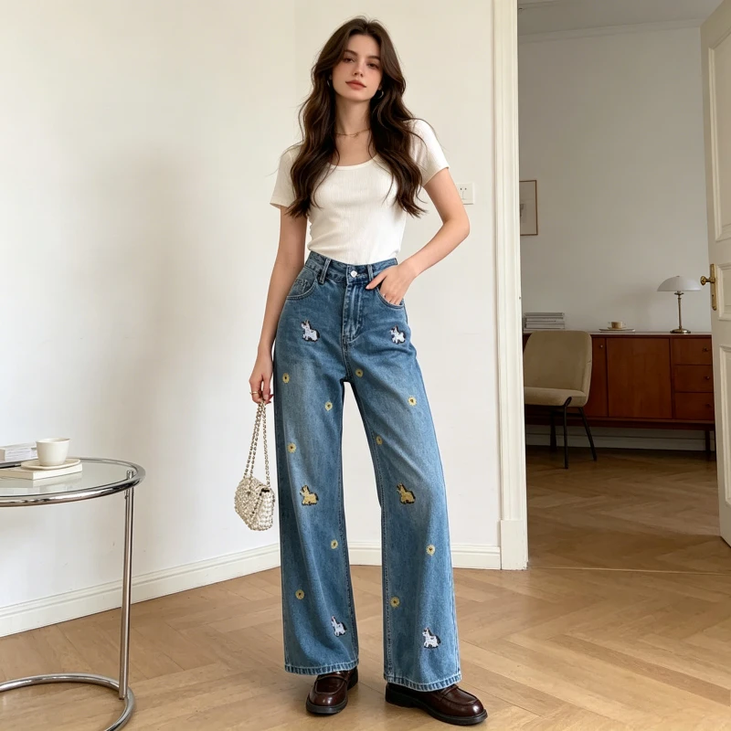 Denim Pant Women Jeans Vintage Wide Leg Long Pants Horse Embroidery Straight Trousers Y2k Streetwear Elegant Work Casual 2026
Denim Pant Women Jeans Vintage Wide Leg Long Pants Horse Embroidery Straight Trousers Y2k Streetwear Elegant Work Casual 2026