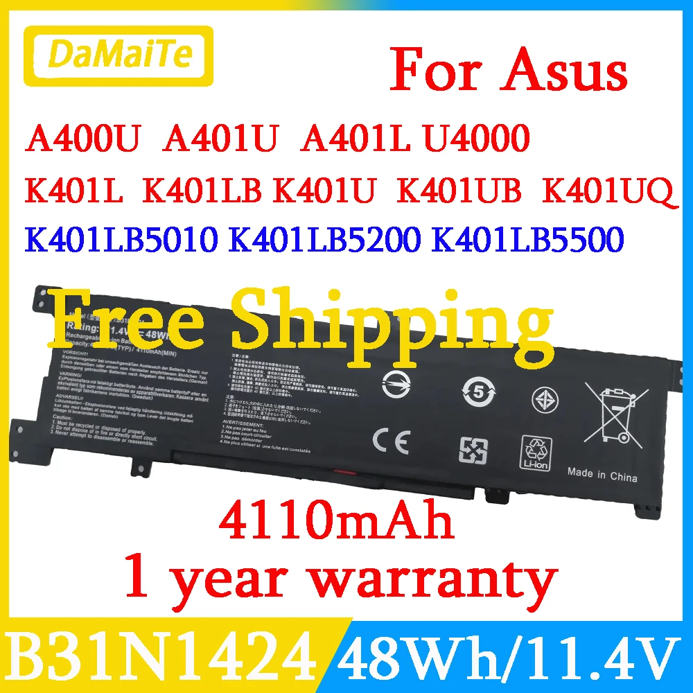 Damaite B31N1424 Laptop Battery For Asus A400U A401L K401L B5010 500 200 K401LB5010 K401LB5500 K401LB5200 K401L 11.4V 48Wh
Damaite B31N1424 Laptop Battery For Asus A400U A401L K401L B5010 500 200 K401LB5010 K401LB5500 K401LB5200 K401L 11.4V 48Wh