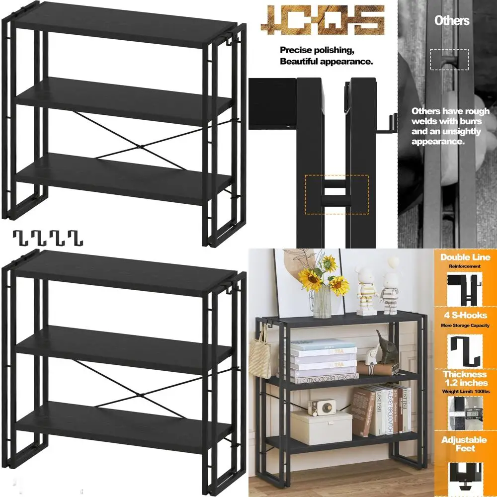 Industrial Style 3-Tier Black Metal Frame Bookshelf, Horizontal Open Shelving for Books
Industrial Style 3-Tier Black Metal Frame Bookshelf, Horizontal Open Shelving for Books