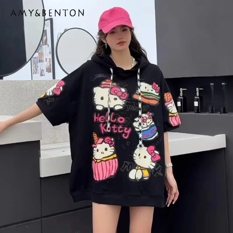 Fashion New kawaii Half-sleeved Hooded T-shirt Loose Versatile Cartoon Print Shows Thin And Young Y2k Top Hoodies Pullovers Girl
Fashion New kawaii Half-sleeved Hooded T-shirt Loose Versatile Cartoon Print Shows Thin And Young Y2k Top Hoodies Pullovers Girl