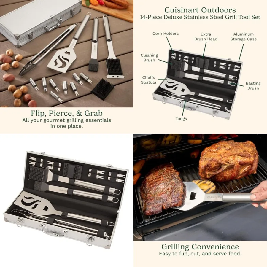 14-Piece Deluxe Stainless Steel Grill Set, Grilling Accessories Kit with Spatula, Tongs, Corn Holders, Basting Brush, Cleaning
14-Piece Deluxe Stainless Steel Grill Set, Grilling Accessories Kit with Spatula, Tongs, Corn Holders, Basting Brush, Cleaning