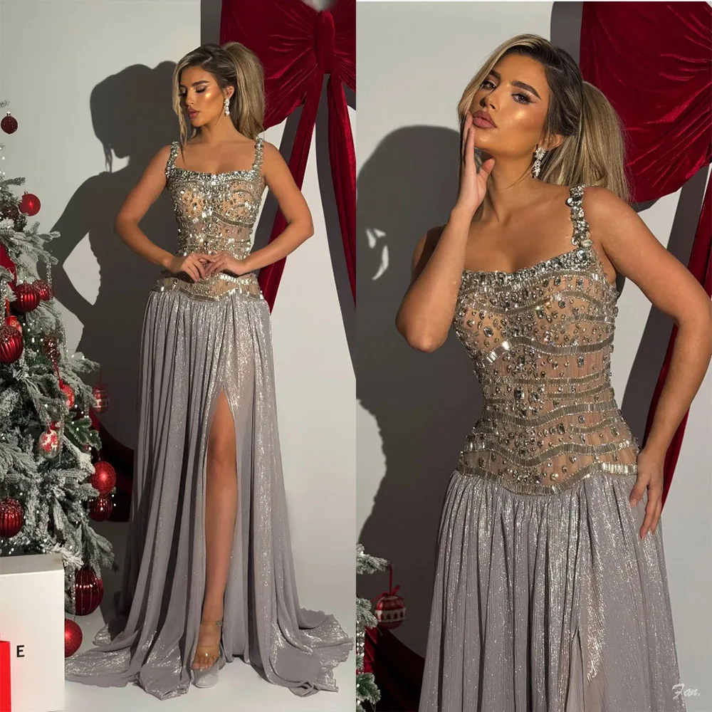 Charming Crystal A-Line Evening Dress High Slit Square Neck Spaghetti Strap Glitter Tulle Formal Gown Robes De Soirée Customized
Charming Crystal A-Line Evening Dress High Slit Square Neck Spaghetti Strap Glitter Tulle Formal Gown Robes De Soirée Customized