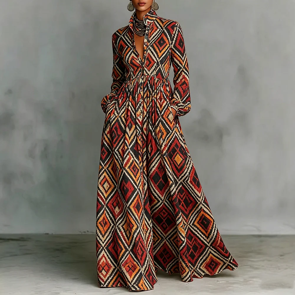 Women's Chic Bohemian Ethnic Geometric Print Maxi Dress Fashion Stand Collar Long Sleeve Elegant A-Line Dress With Pockets Wear
Women's Chic Bohemian Ethnic Geometric Print Maxi Dress Fashion Stand Collar Long Sleeve Elegant A-Line Dress With Pockets Wear