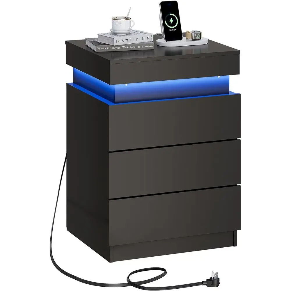 Nightstand with Charging Station & LED Lights, 3 Drawers, Sliding Top, Bedroom, Living Room, Black
Nightstand with Charging Station & LED Lights, 3 Drawers, Sliding Top, Bedroom, Living Room, Black