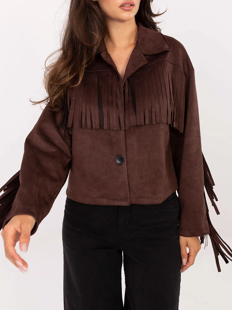 Fashion Tassel Patchwork Women's Outwear Office Simple Solid Color Long Sleeved Jacket 2025 Autumn Casual High Street Suede Coat
Fashion Tassel Patchwork Women's Outwear Office Simple Solid Color Long Sleeved Jacket 2025 Autumn Casual High Street Suede Coat