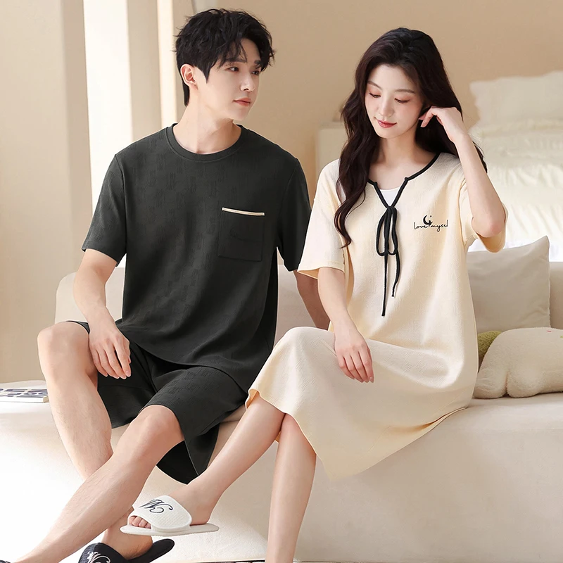 Summer Couple Pajama Set Men Knited Cotton Short Sleeve Sleepwear Women Nightgown
Summer Couple Pajama Set Men Knited Cotton Short Sleeve Sleepwear Women Nightgown