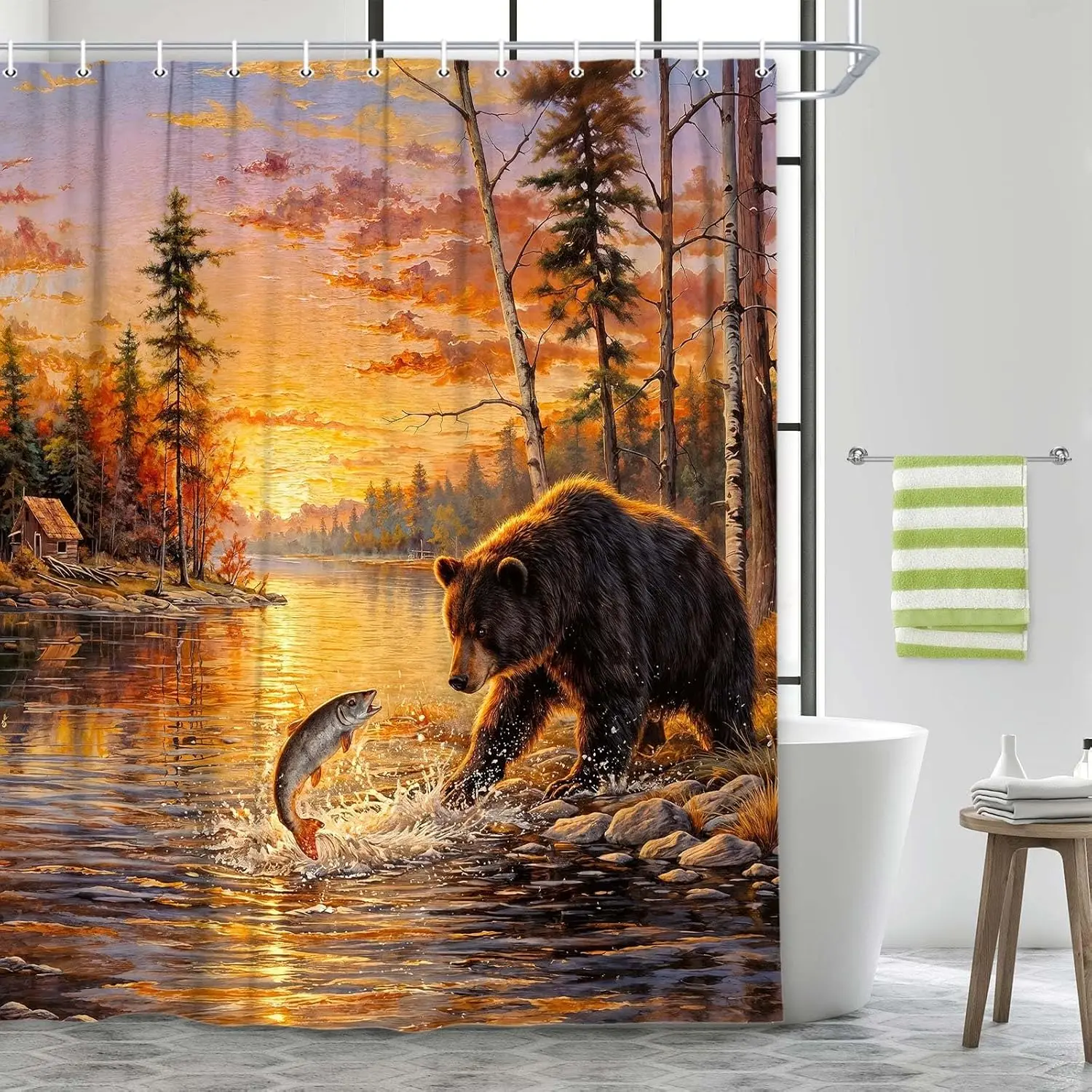 Black Bear Fishing Shower Curtain, Lake Sunset Cabin Bathroom Decor, Wildlife Nature Forest Landscape Bath Curtain with Hooks
Black Bear Fishing Shower Curtain, Lake Sunset Cabin Bathroom Decor, Wildlife Nature Forest Landscape Bath Curtain with Hooks
