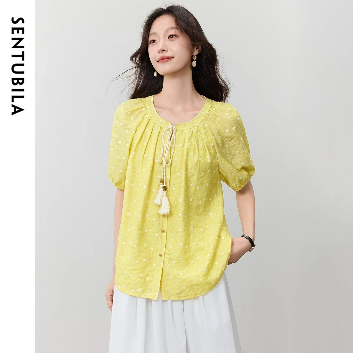 SENTUBILA Women Polka Dot Chiffon Blouse 2026 Summer Elegant Beaded Tassel Tie Neck Leaf Embroidery Print Loose Shirt Q52VB3036
SENTUBILA Women Polka Dot Chiffon Blouse 2026 Summer Elegant Beaded Tassel Tie Neck Leaf Embroidery Print Loose Shirt Q52VB3036
