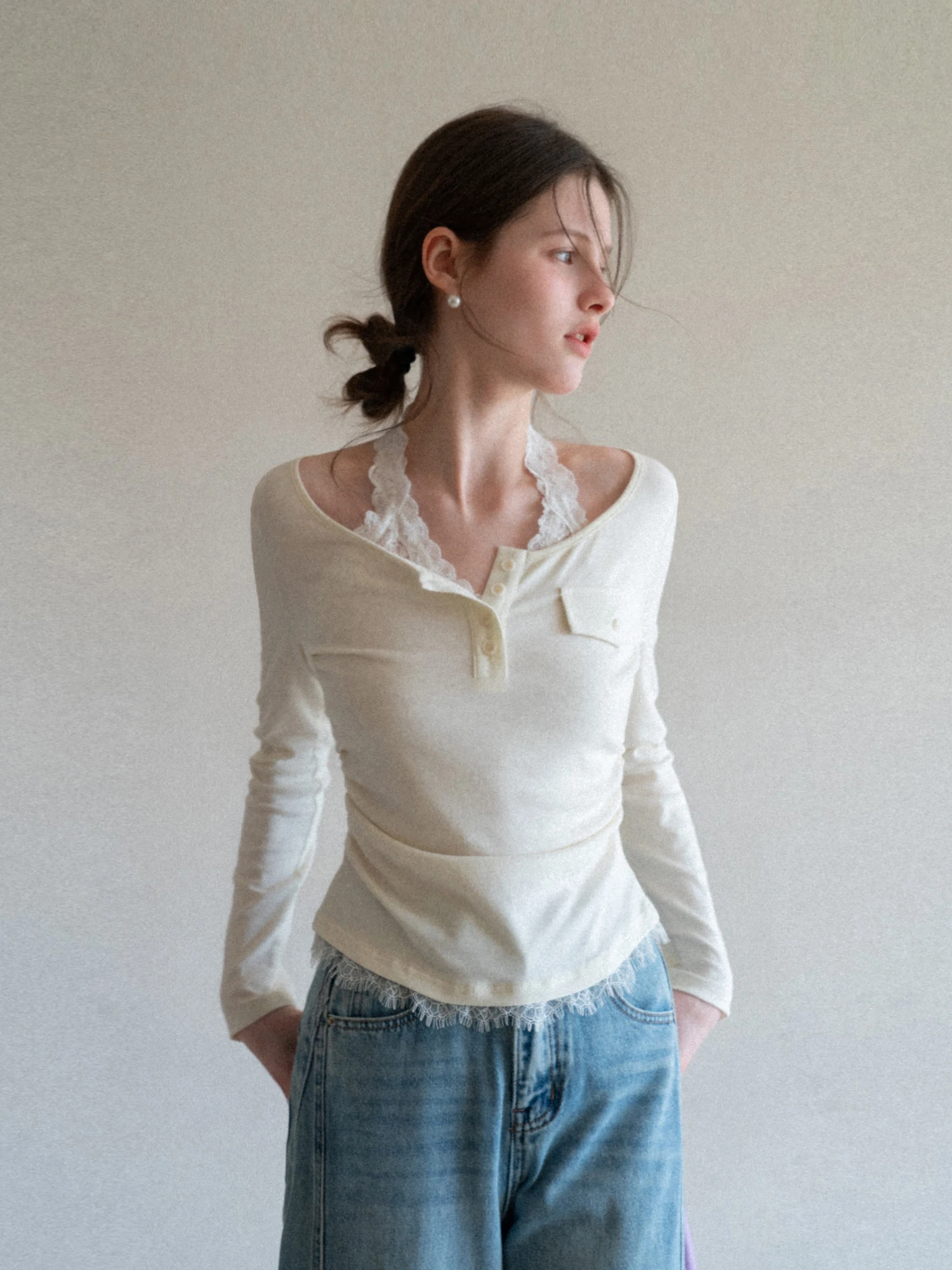 Eggka Lace Trim Neck Hanging Pleated Long Sleeve T-Shirt Women's Spring Design Slimming Top Fake Two-Piece Gentle Style
Eggka Lace Trim Neck Hanging Pleated Long Sleeve T-Shirt Women's Spring Design Slimming Top Fake Two-Piece Gentle Style