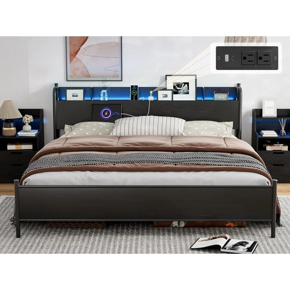 California King Bed Frames with Wood Storage Headboard & Charging Station, Farmhouse Metal Cal King Platform Bed with LED Light
California King Bed Frames with Wood Storage Headboard & Charging Station, Farmhouse Metal Cal King Platform Bed with LED Light
