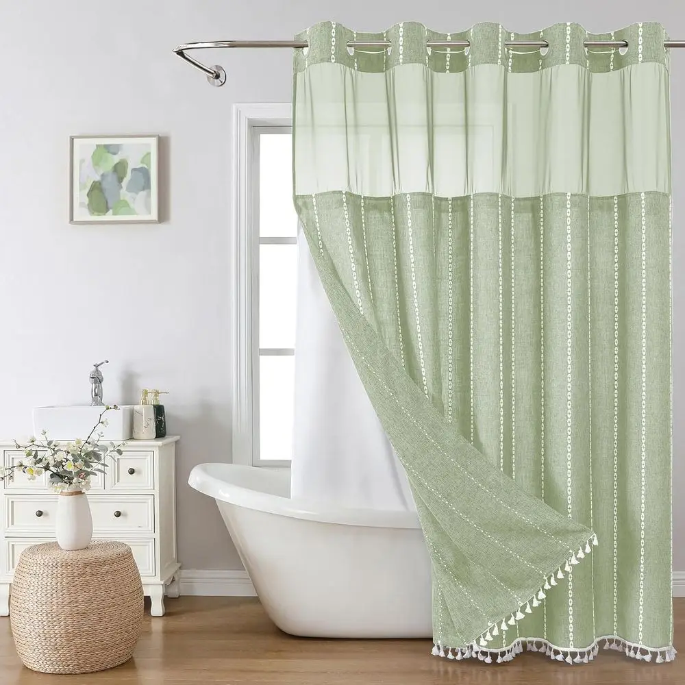 Sage Green armhouse No Hook Shower Curtain Set with Snap-in abric Liner,Boho Heavy-Duty Linen Textured Rustic Striped Design,Wat
Sage Green armhouse No Hook Shower Curtain Set with Snap-in abric Liner,Boho Heavy-Duty Linen Textured Rustic Striped Design,Wat