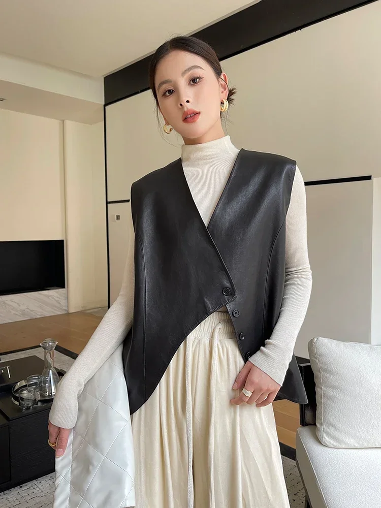 Genuine Leather Sleeveless Vest Jackets for Women Spring Autumn High-end Irregular Length Design Soft Black Real Sheepskin Coat
Genuine Leather Sleeveless Vest Jackets for Women Spring Autumn High-end Irregular Length Design Soft Black Real Sheepskin Coat