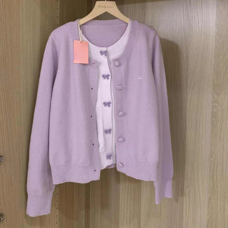 Women Purple Fake Two Pieces Knitwear Fashionable Round Neck Bow Cardigans Sweater Female Long Sleeve Knitted Coats
Women Purple Fake Two Pieces Knitwear Fashionable Round Neck Bow Cardigans Sweater Female Long Sleeve Knitted Coats