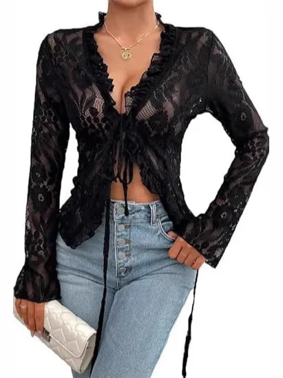 Women's Lace up Long Sleeve Short Top with Ruffle Hem European Style Polyester Fiber Open Cardigan Style Spring Summer Fashion
Women's Lace up Long Sleeve Short Top with Ruffle Hem European Style Polyester Fiber Open Cardigan Style Spring Summer Fashion