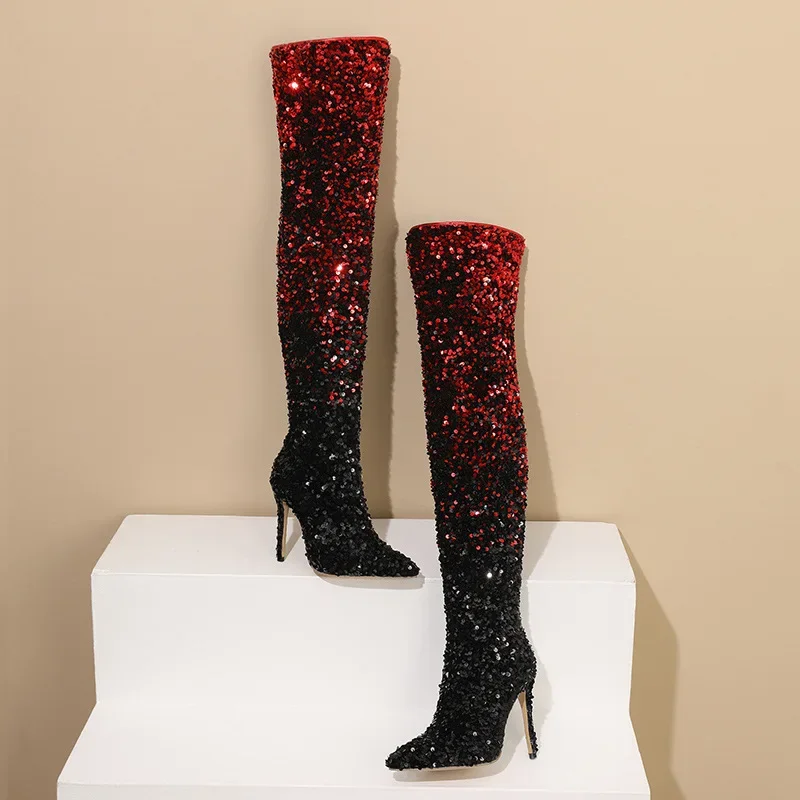 Autum Winter Over-the-knee Boots Thin Super High Heel Pointed Toe Shining Bling Patchwork Fashion Show Mixed Color Women Shoe
Autum Winter Over-the-knee Boots Thin Super High Heel Pointed Toe Shining Bling Patchwork Fashion Show Mixed Color Women Shoe