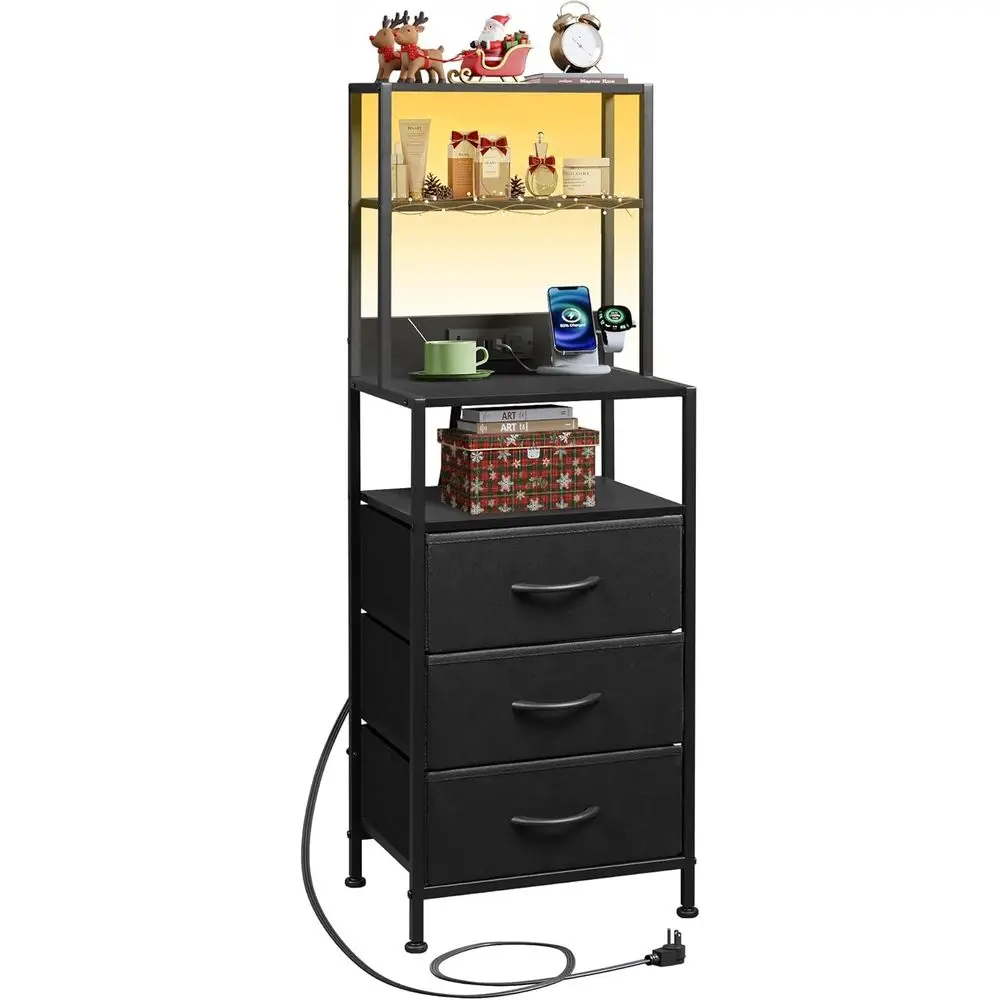 Contemporary Black Nightstand with Charging Dock, LED Light, Fabric Drawers, and Open Shelves for Bedroom or Living Room
Contemporary Black Nightstand with Charging Dock, LED Light, Fabric Drawers, and Open Shelves for Bedroom or Living Room