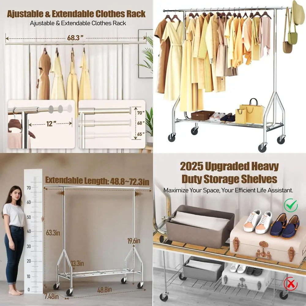 Portable Heavy-Duty Garment Rack - 500 lbs Capacity, Lockable Wheels, Stable Shelves, Silver
Portable Heavy-Duty Garment Rack - 500 lbs Capacity, Lockable Wheels, Stable Shelves, Silver