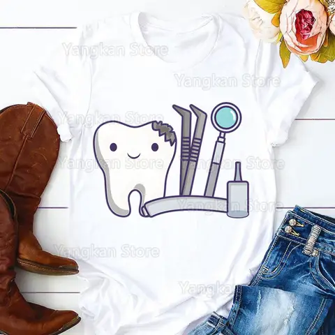 Teeth Brushing T-shirts Women Summer Graphic Tees Funny Shirts woman tshirts Crew Neck Harajuku Tops