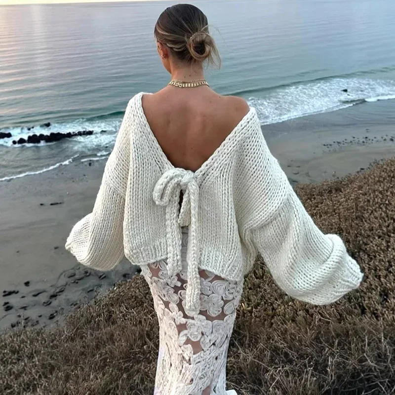Backless Bows Lace Up Cardigan Sweater For Women Heavy Yarn Fashion Loose Short Outwear White Two Wears Knitted Cardigan
Backless Bows Lace Up Cardigan Sweater For Women Heavy Yarn Fashion Loose Short Outwear White Two Wears Knitted Cardigan