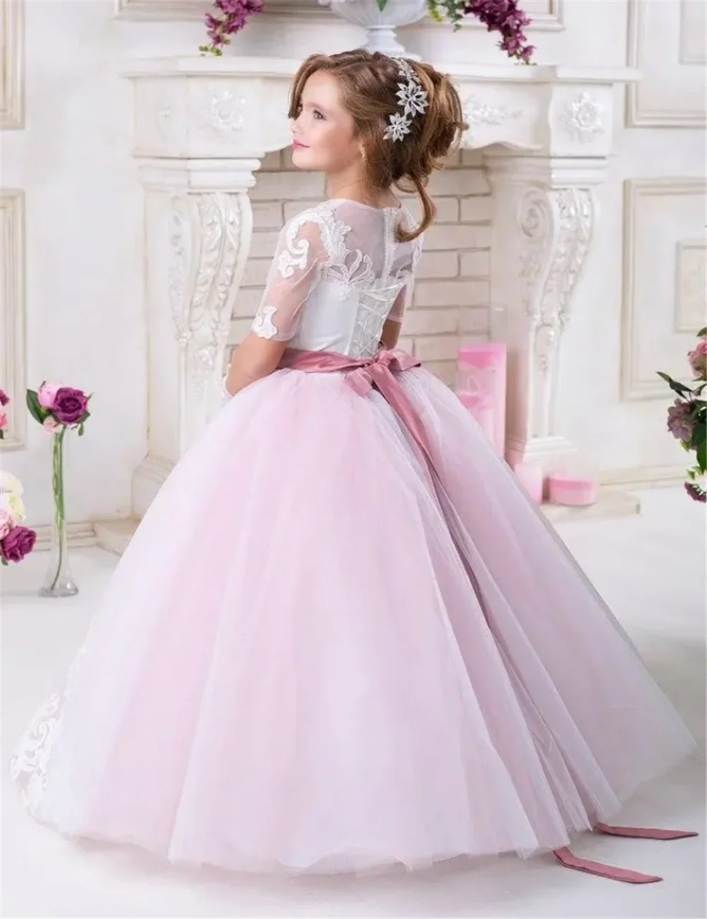 Pink Half Sleeve For Wedding Princess Elegant Birthday Party Flower Girls Dress Tulle Appliques Bow Belt First Communion Gown
Pink Half Sleeve For Wedding Princess Elegant Birthday Party Flower Girls Dress Tulle Appliques Bow Belt First Communion Gown