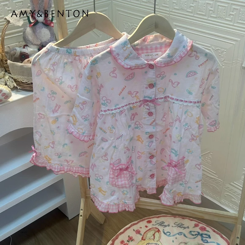 Summer New Pink Women's Top Bow Lace Stringy Selvedge Shorts Fruit Embroidered Cute Sweet Thin Doll Collar Pajamas Suit Ladies
Summer New Pink Women's Top Bow Lace Stringy Selvedge Shorts Fruit Embroidered Cute Sweet Thin Doll Collar Pajamas Suit Ladies