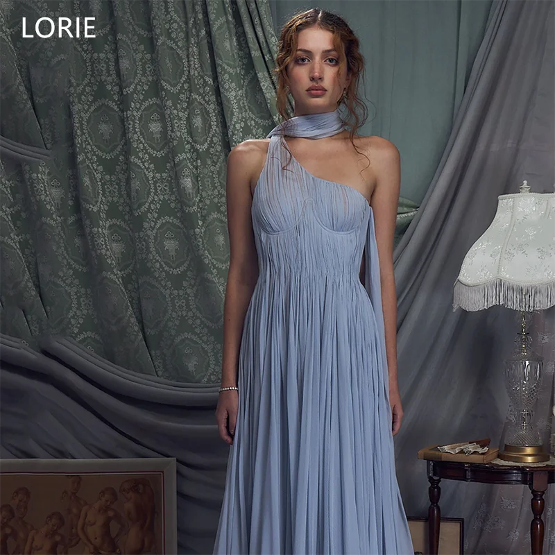 LORIE Синие вечерние платья трапециевидной формы, шарф на одно плечо, плиссированное вечернее платье без бретелек, элегантные платья для выпускного вечера длиной до пола по индивидуальному заказу