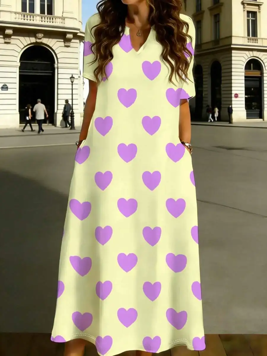 V Neck Midi Dress Pale Yellow Purple Heart Print Casual Summer Women Outfit
V Neck Midi Dress Pale Yellow Purple Heart Print Casual Summer Women Outfit