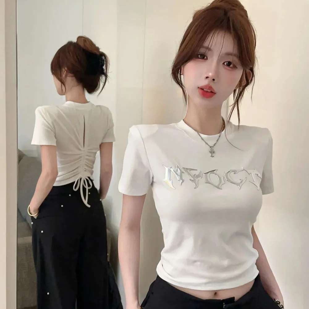 Back Hollow Drawstring T Shirts Women Fashion Letter Print Top 2024 Summer New Slim Fit T-shirt Female Casual White Tees y2k
Back Hollow Drawstring T Shirts Women Fashion Letter Print Top 2024 Summer New Slim Fit T-shirt Female Casual White Tees y2k