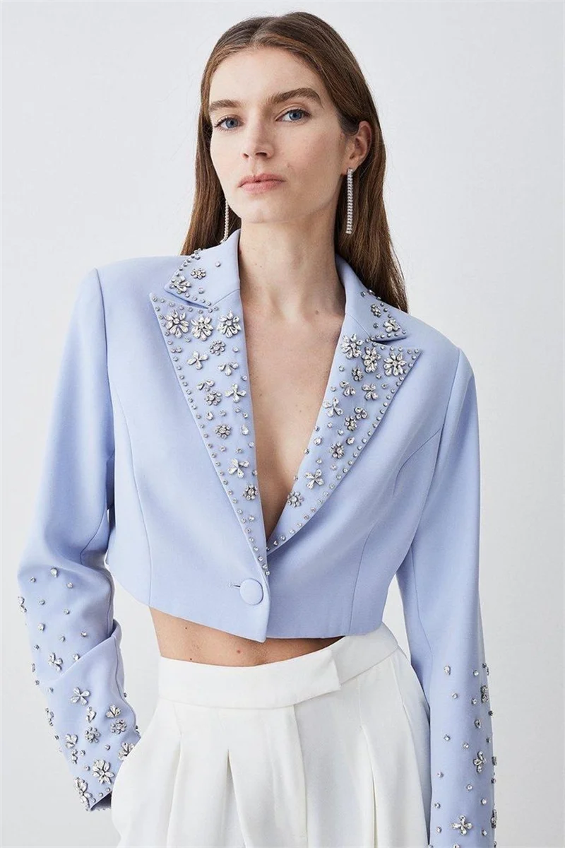 Light Blue Women Suit Set 2 Piece Crystal Blazer+White Straight Pants Trousers Formal Office Lady Jacket Customized Wedding Coat
Light Blue Women Suit Set 2 Piece Crystal Blazer+White Straight Pants Trousers Formal Office Lady Jacket Customized Wedding Coat